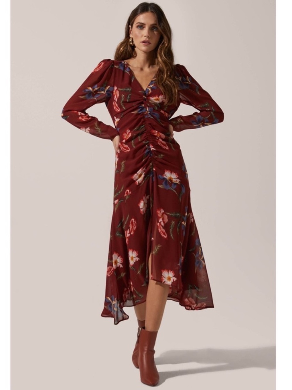 ASTR The Label Burgundy Floral Midi Dress Size Large L Long Sleeve Hi-Low Hem
